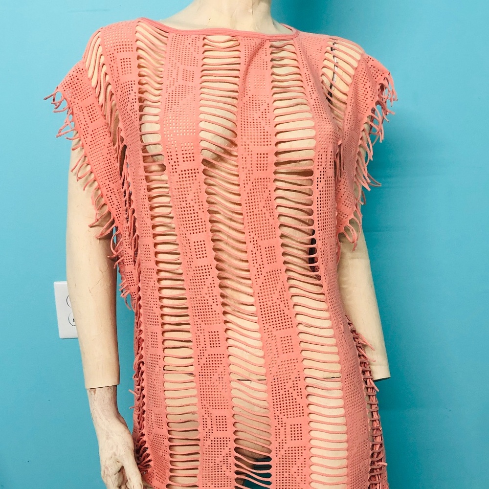 Salmon See Thru Slices & Fringe Pullover Sleeveless Tunic Top/Swimwear Cover~L